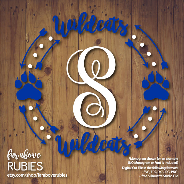 Wildcats Paw Print Monogram Wreath (monogram NOT included) digital cut files