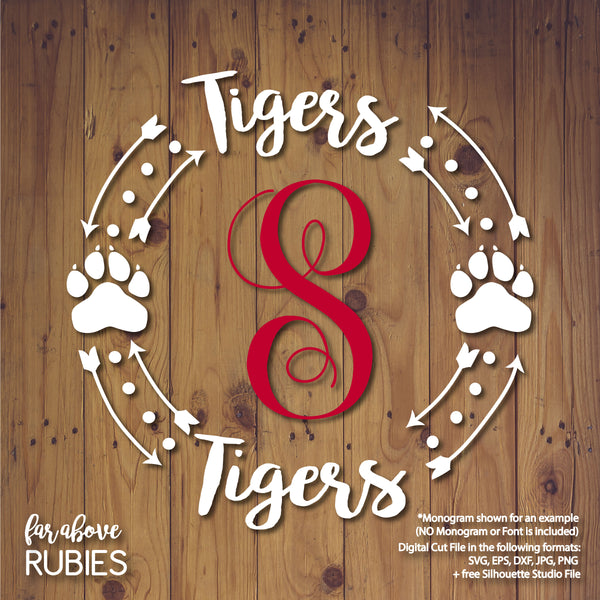 Tigers Paw Print Monogram Wreath (monogram NOT included) digital cut files