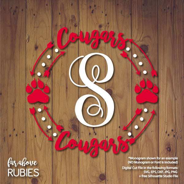 Cougars Paw Print Monogram Wreath (monogram NOT included) digital cut files