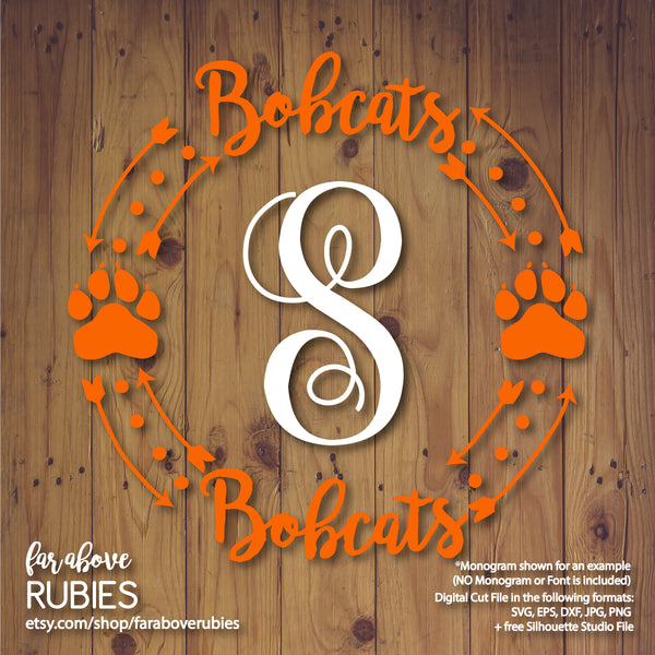 Bobcats Paw Print Monogram Wreath (monogram NOT included) digital cut files