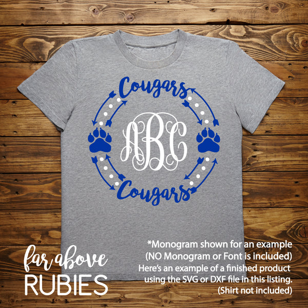 Cougars Paw Print Monogram Wreath (monogram NOT included) digital cut files