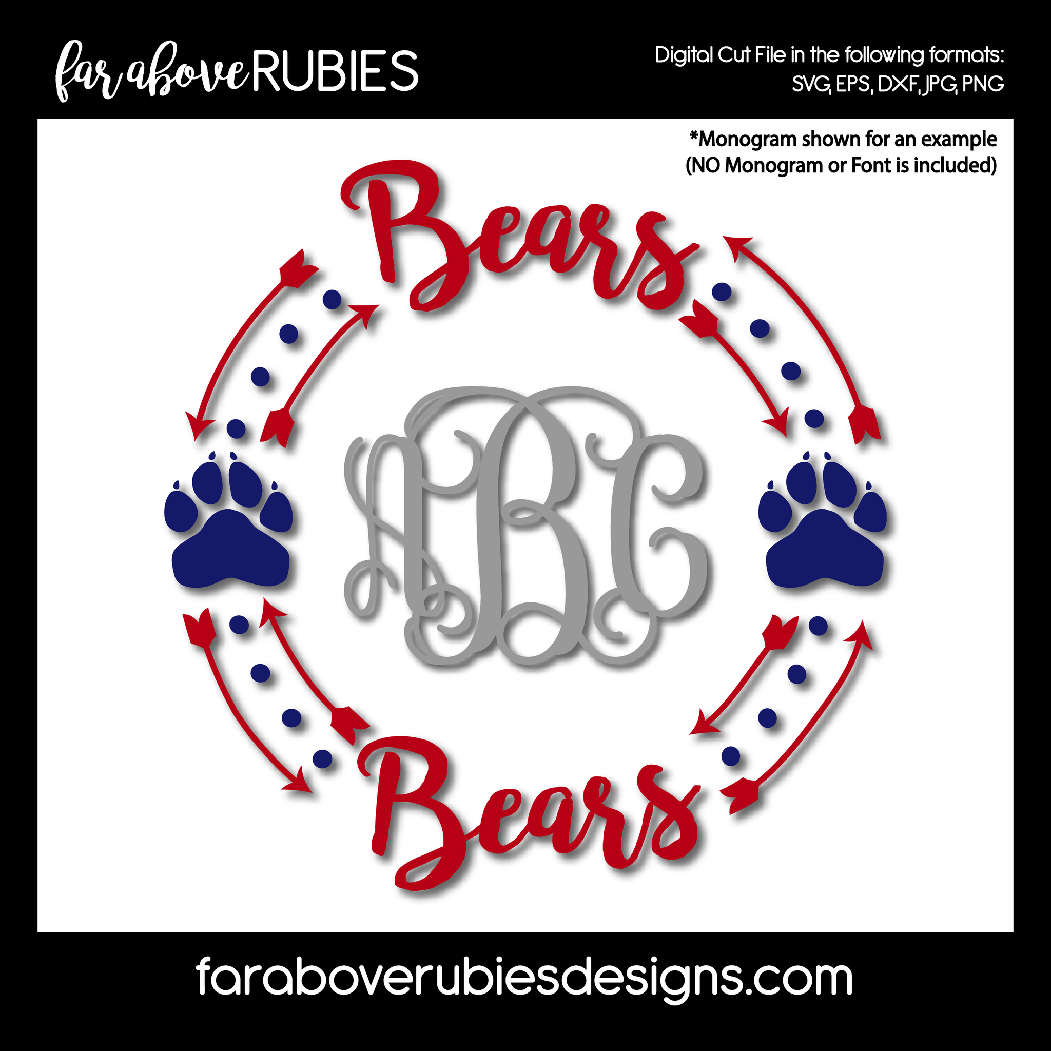 Team Bears Paw Print Monogram Wreath (monogram NOT included) digital cut files