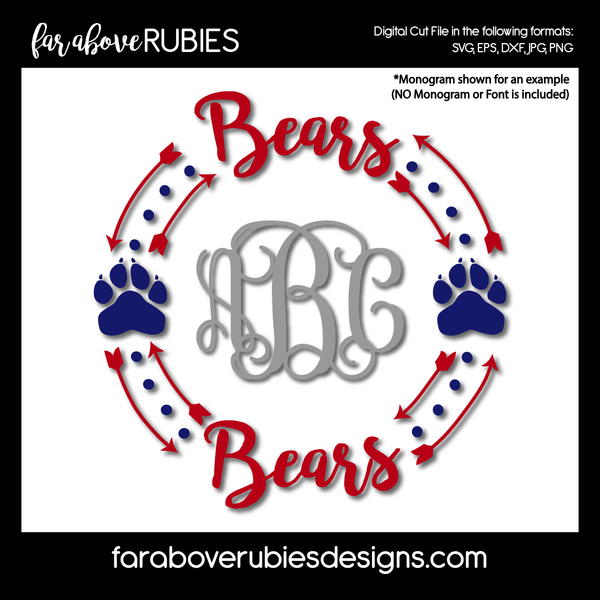 Team Bears Paw Print Monogram Wreath (monogram NOT included) digital cut files