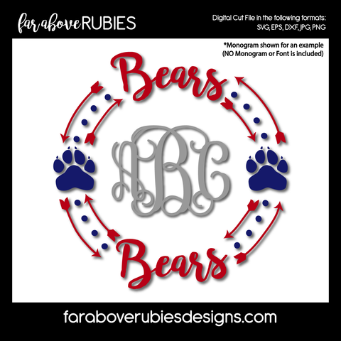 Team Bears Paw Print Monogram Wreath (monogram NOT included) digital cut files