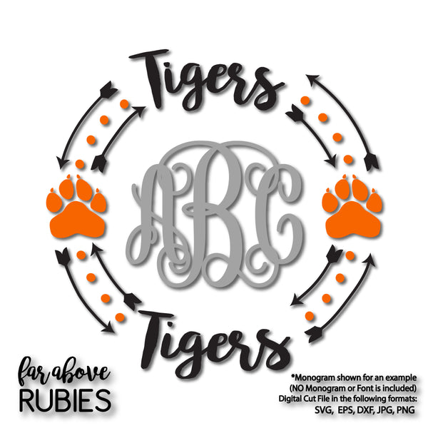 Tigers Paw Print Monogram Wreath (monogram NOT included) digital cut files