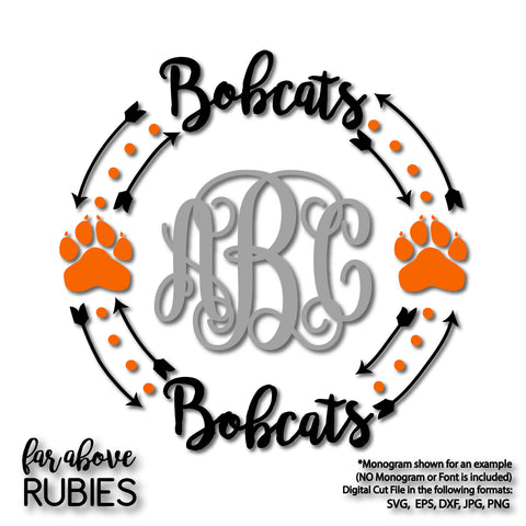 Bobcats Paw Print Monogram Wreath (monogram NOT included) digital cut files