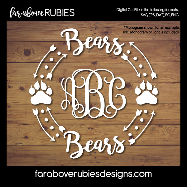 Team Bears Paw Print Monogram Wreath (monogram NOT included) digital cut files