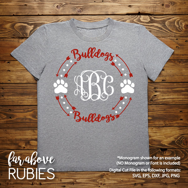 Bulldogs Paw Print Monogram Wreath (monogram NOT included) Arrows digital cut file