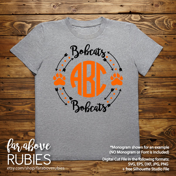 Bobcats Paw Print Monogram Wreath (monogram NOT included) digital cut files