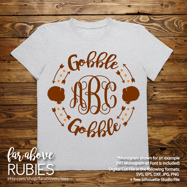 Gobble Turkey Monogram Wreath (monogram NOT included) digital cut files Thanksgiving