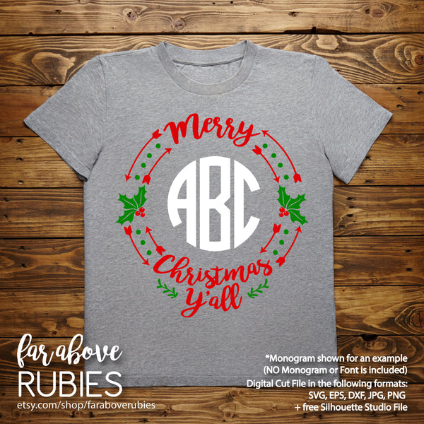 Merry Christmas Y'all Monogram Wreath (monogram NOT included) digital cut file