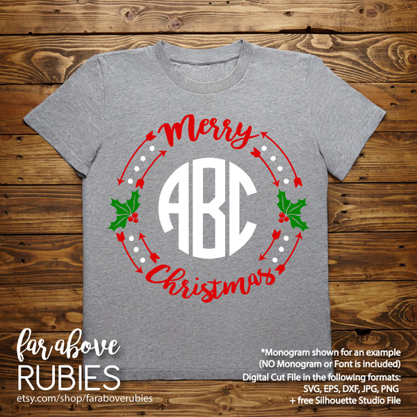 Merry Christmas Monogram Wreath (monogram NOT included) digital cut file