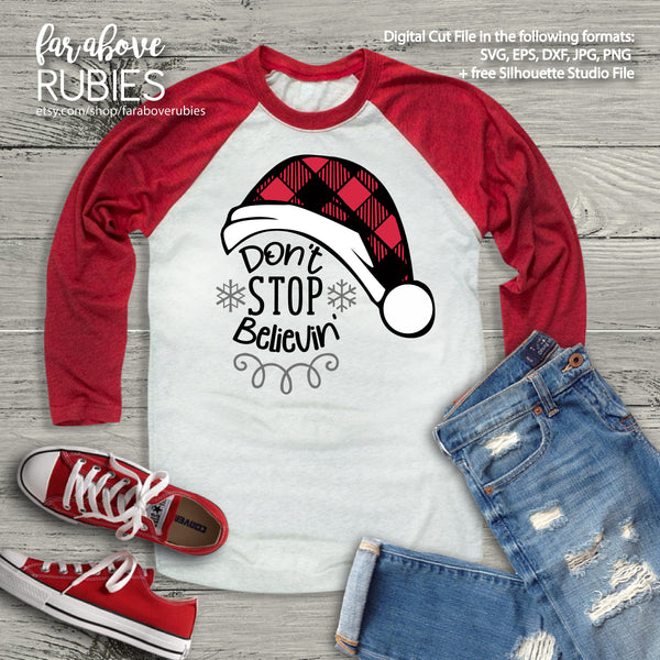 Santa Plaid Hat Don't Stop Believin' Christmas digital cut file