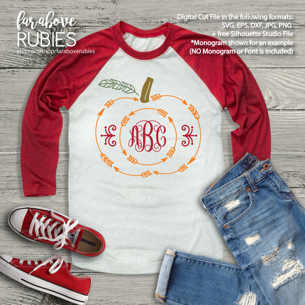 Boho Pumpkin Arrows Feather Monogram Wreath (monogram NOT included) digital cut files