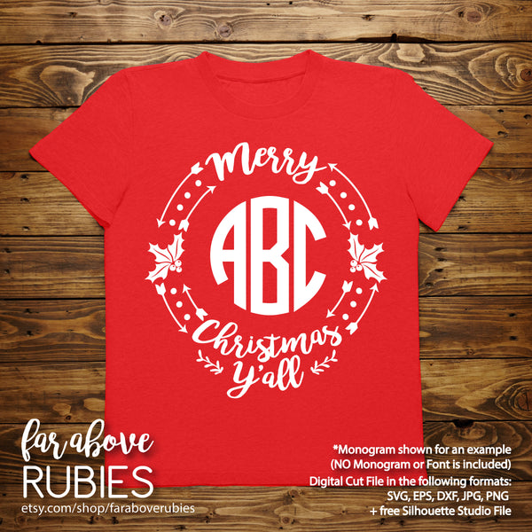 Merry Christmas Y'all Monogram Wreath (monogram NOT included) digital cut file